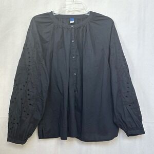 Old Navy Womens Dark Cottage Poet Blouse Blackjack Black Eyelet Cotton Top L L/S